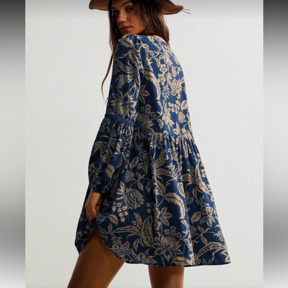 Dusty Blue Boho Baroque V Neck Ruffle Dress Long Sleeve S-XL - Picture 2 of 5